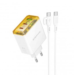 Блок питания сетевой 1 USB, 2 Type-C Borofone BAS34A, Treasure, 5V, 3.0A, PD 65Вт, кабель Type-C, Type-C, 1.0м, цвет: белый