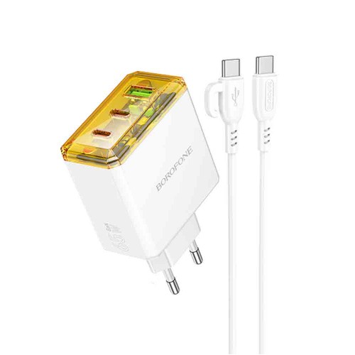 Блок питания сетевой 1 USB, 2 Type-C Borofone BAS34A, Treasure, 5V, 3.0A, PD 65Вт, кабель Type-C, Type-C, 1.0м, цвет: белый