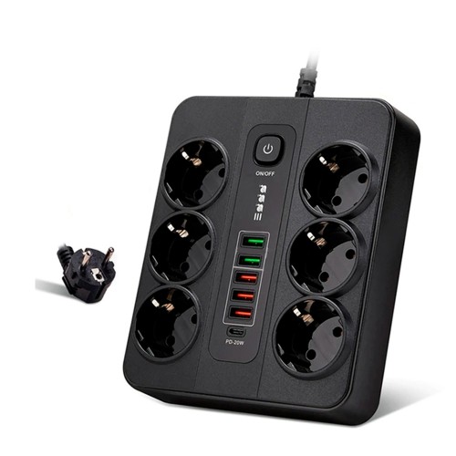 Удлинитель электрический Power Socket BKL-11, 2.0м, 6 розеток, Type-C, 5 USB, 3.4A, выключатель, цвет: чёрный