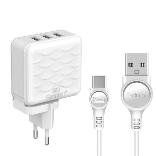 Блок питания сетевой 3 USB Earldom ES-EU22, 3400mA, кабель Type-C, цвет: белый