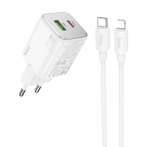 Блок питания сетевой 1 USB, Type-C HOCO N41, Almighty, 5V, 3.0A, 20Вт, PD20W/ QC3.0/ FCP/ AFC, кабель Type-C, 8-pin, 1.0м, цвет: белый