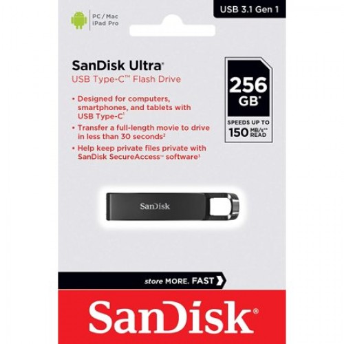 Флеш-накопитель 256Gb SanDisk Ultra CZ460, USB 3.1, металл, Type-C, чёрный