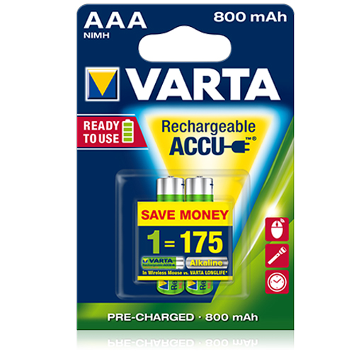 Аккумулятор AAA Varta, HR03-2BL, Rechargeable, 800mAh, R2U, предзаряженные, (2/20/200)