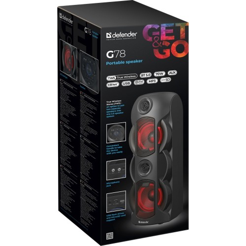 Колонка акустическая Defender, G78, Bluetooth, FM, TF, USB, MIC, цвет: чёрный