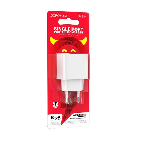 Блок питания сетевой 1 USB Borofone BAS11A, Erudite, 5V/2.1A, 18Вт, цвет: белый