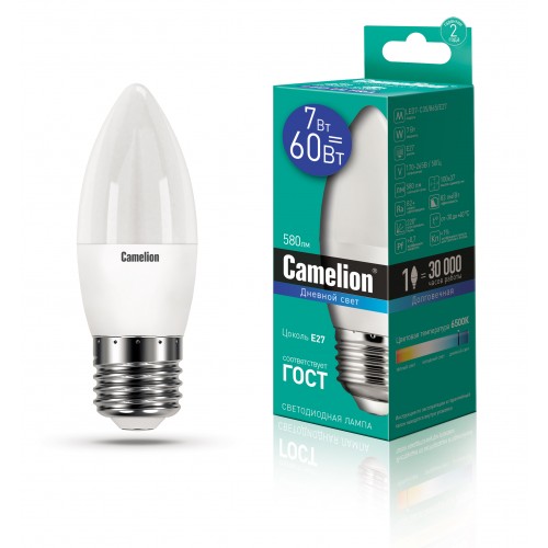 Лампа светодиодная Camelion C35/865, E27, свеча, 7Вт/220V/6500К, LED, дневной свет