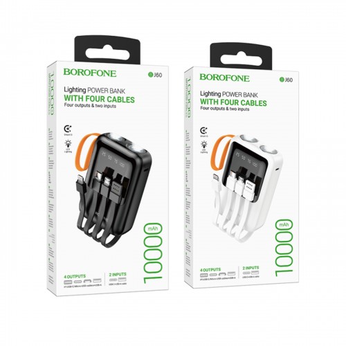 Аккумулятор внешний Borofone BJ60, Rapid, 10000mAh, кабель 8 pin, Type-C, микро USB, USB, цвет: чёрный, (арт.6941991112942)