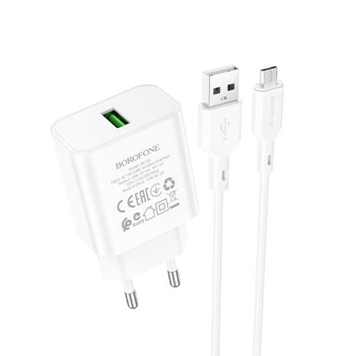 Блок питания сетевой 1 USB Borofone BA72A, 2.1A, 18Вт, QC3.0, кабель микро USB, цвет: белый