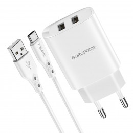 Блок питания сетевой 2 USB Borofone, BN2, 2100mA, пластик, кабель Type-C, цвет: белый