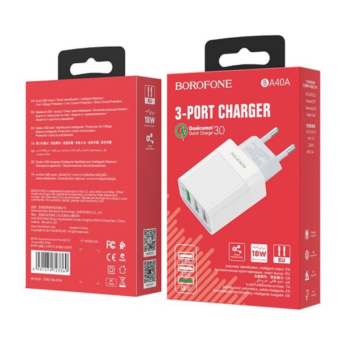 Блок питания Borofone BA40A 3 USB, 2400mA, QC3.0, белый
