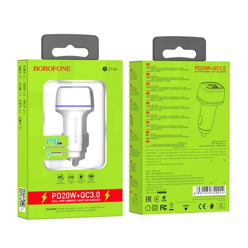 Блок питания автомобильный Borofone BZ14A 20Вт, 1 USB, 1 Type-C, чёрный
