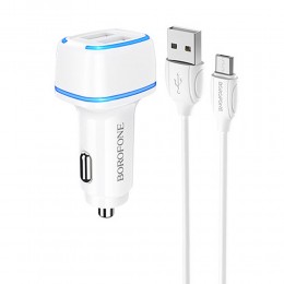 Блок питания автомобильный 2 USB Borofone BZ14, Max, 2400mA, кабель микро USB, цвет: белый
