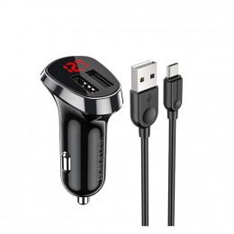 Блок питания автомобильный 2 USB Borofone BZ15, Auspicious, 2400mA, 12Вт, кабель микро USB, цвет: чёрный
