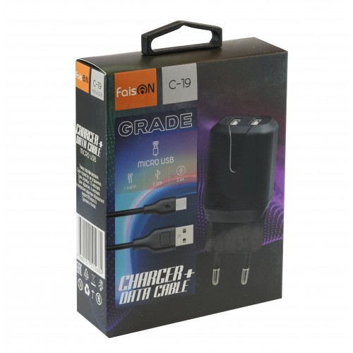 Блок питания сетевой 2 USB FaisON C-19, Grade, 2400mA, кабель микро USB 1.0м, цвет: чёрный