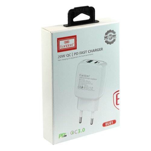 Блок питания сетевой 1 USB, Type-C Earldom ES-EU21, 3400mA, 20Вт, QC3.0, PD, кабель Type-C, 8 pin, цвет: белый