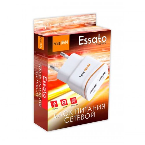 Блок питания сетевой 2 USB FaisON FS-Z-983, Escato, 2400mA, 2400mA, цвет: белый