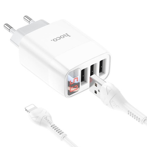 Блок питания сетевой 3 USB HOCO C93A, Easy, 3400mA, кабель 8 pin, цвет: белый