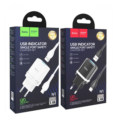 Блок питания сетевой 1 USB HOCO N1, Ardent, 2400mA, QC3.0, кабель микро USB, цвет: чёрный