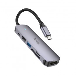 USB-концентратор HOCO HB27, алюминий, силикон, 5 Гнезд, PD, USB3.0, 2хUSB2.0, HDMI, 4К при 30 Гц, 60W, цвет: серый