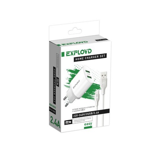 Блок питания сетевой 2 USB Exployd EX-Z-1435, EASY, 2.4A, кабель Type-C, цвет: белый