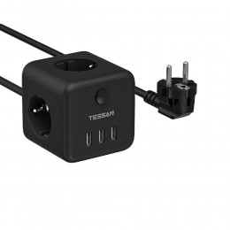 Сетевой фильтр TESSAN TS-301, 1.5м, 2.4A, 3 розетки, с заземлением, кнопка питания, 3 USB выхода, цвет: чёрный
