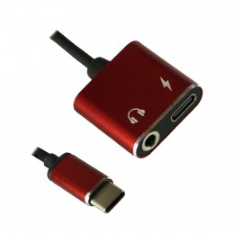 Переходник Type-C(m) - Jack 3,5mm(f), Type C(f) без бренда GL022, круглый, плетёный , цвет: красный
