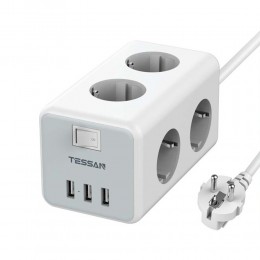 Сетевой фильтр TESSAN TS-306, 2.0м, 2.4A, 6 розеток, с заземлением, кнопка питания, 3 USB выхода, цвет: серый
