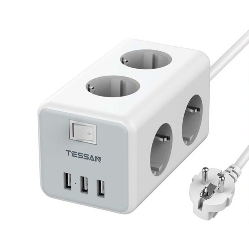 Сетевой фильтр TESSAN TS-306, 6 розеток, 3 USB, серый
