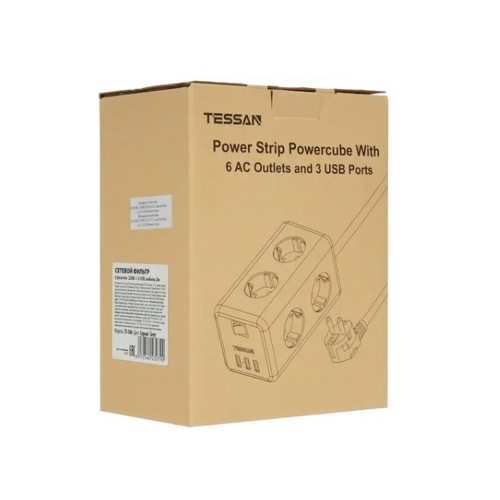 Сетевой фильтр TESSAN TS-306, 6 розеток, 3 USB, серый
