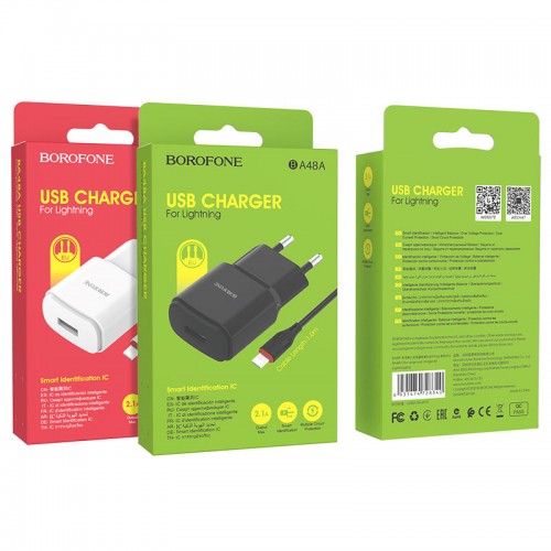 Блок питания Borofone BA48A 1 USB, 2100mA, чёрный, 8 pin
