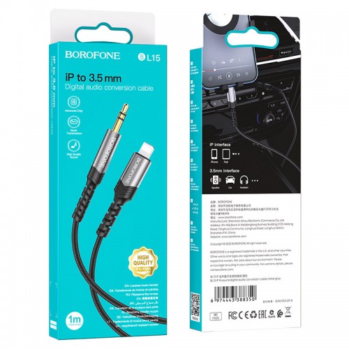 Кабель AUX, Jack 3,5mm(m) - 8 pin(m) Borofone BL15, Hi-sound, 1.0м, цвет: серый