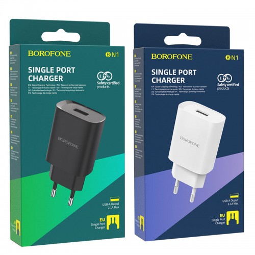 Блок питания сетевой 1 USB Borofone, BN1, 2100mA, пластик, цвет: белый