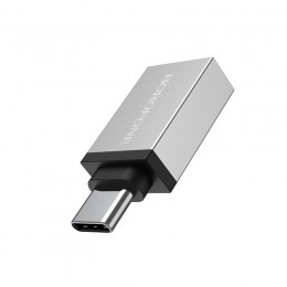 Переходник Type-C(m) - USB 3.0(f) Borofone BV3, плоский, алюминий, цвет: серебряный
