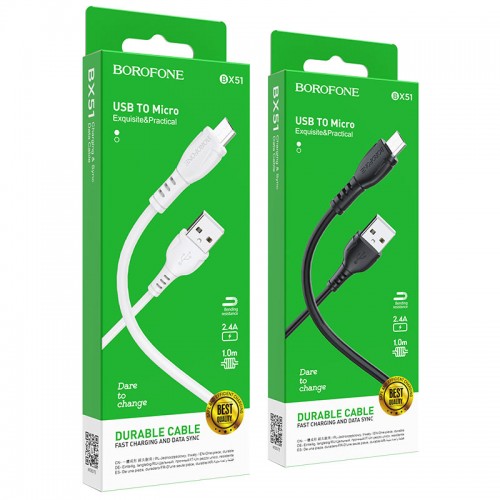 Кабель USB - микро USB Borofone BX51 Triumph, 1.0м, 2.4A, цвет: белый