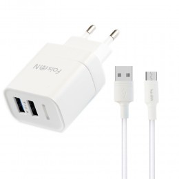 Блок питания сетевой 2 USB FaisON C-102, Actual, 2.4A, кабель микро USB, цвет: белый