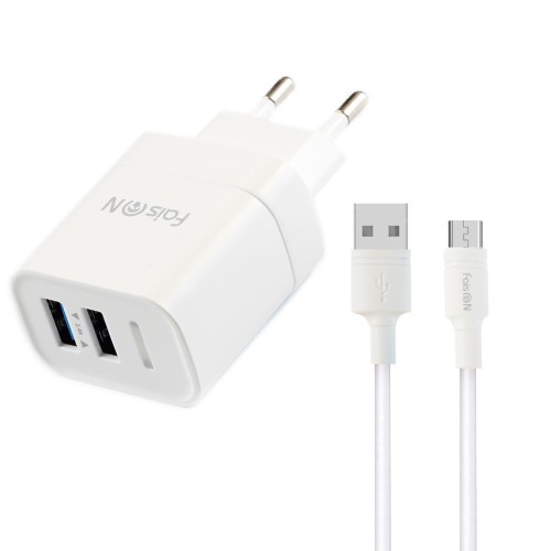 Блок питания сетевой 2 USB FaisON C-102, Actual, 2.4A, кабель микро USB, цвет: белый