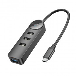 USB-концентратор Borofone DH5, Erudite 4-in-1, 4 гнезда, 1х USB 3.0, 3х USB 2.0, кабель Type-C 0.2м, цвет: чёрный