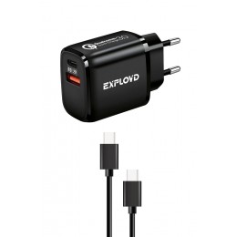 Блок питания сетевой 1 USB, Type-C Exployd EX-Z-1340, SHAFT, 3000mA, PD20W, кабель Type-C-Type-C, цвет: чёрный