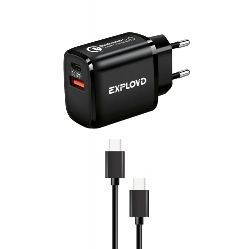 Блок питания сетевой 1 USB, Type-C Exployd EX-Z-1340, SHAFT, 3000mA, PD20W, кабель Type-C-Type-C, цвет: чёрный