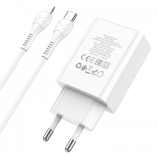 Блок питания сетевой 1 USB, Type-C HOCO C100A, 20Вт, QC3.0, PD, кабель Type-C, 8 pin, цвет: белый