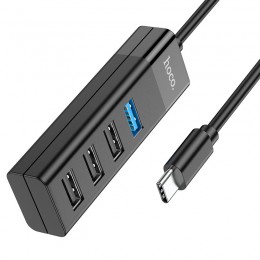 USB-концентратор HOCO HB25, Easy, 4 гнезда, 3хUSB2.0, 1хUSB3.0, кабель Type-C, цвет: чёрный
