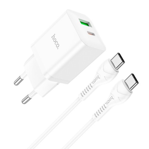 Блок питания сетевой 1 USB, Type-C HOCO N28, Founder, 3000mA, 20Вт, QC3.0, PD3.0, кабель Type-C, цвет: белый