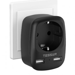 Сетевой фильтр TESSAN TS-611-DE, 1 розетка, 2 USB, индикатор, цвет: чёрный
