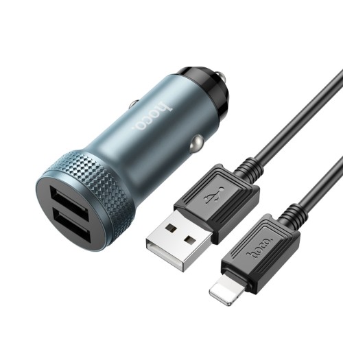 Блок питания автомобильный 2 USB HOCO Z49, Level, кабель 8 pin, 1.0 м, цвет: серый