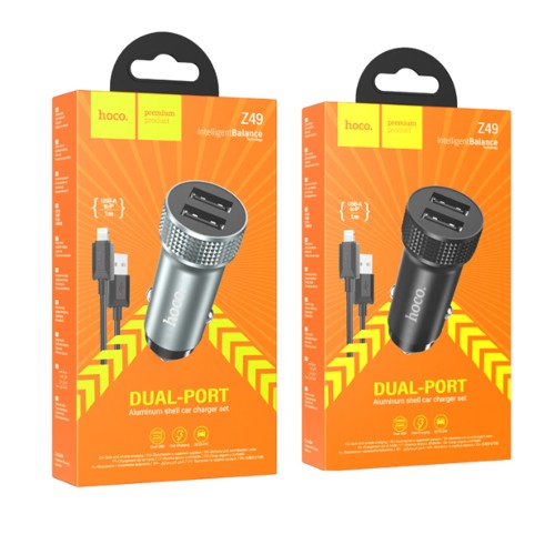 Блок питания автомобильный 2 USB HOCO Z49, Level, кабель 8 pin, 1.0 м, цвет: серый