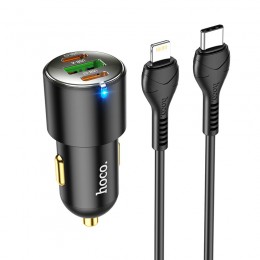 Блок питания автомобильный 2 Type-C, USB HOCO NZ6, 3000mA, 45Вт, QC3.0, PD 45Вт, кабель Type-C-Type-C, цвет: чёрный