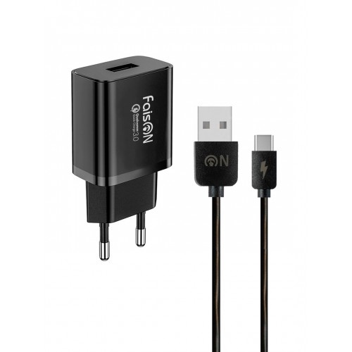 Блок питания сетевой 1 USB FaisON C-26, MATE, 3000mA, 18Вт, QC3.0, кабель Type-C, цвет: чёрный