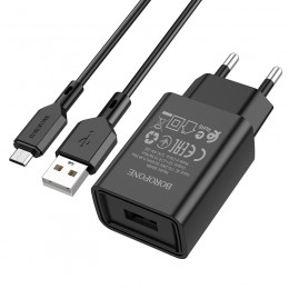 Блок питания сетевой 1 USB Borofone BA68A, Glacier, 2100mA, кабель микро USB, цвет: чёрный