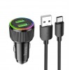 Блок питания автомобильный 2 USB HOCO NZ14, Guerrero, 36Вт, QC, FCP, AFC, кабель USB - Type-C, 1.0м, цвет: черный