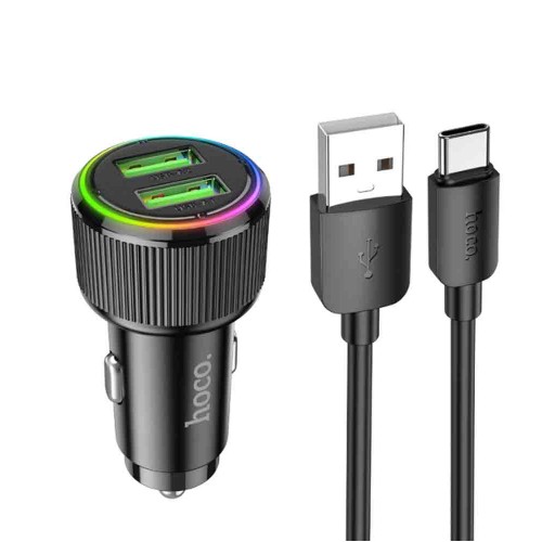 Блок питания автомобильный 2 USB HOCO NZ14, Guerrero, 36Вт, QC, FCP, AFC, кабель USB - Type-C, 1.0м, цвет: черный